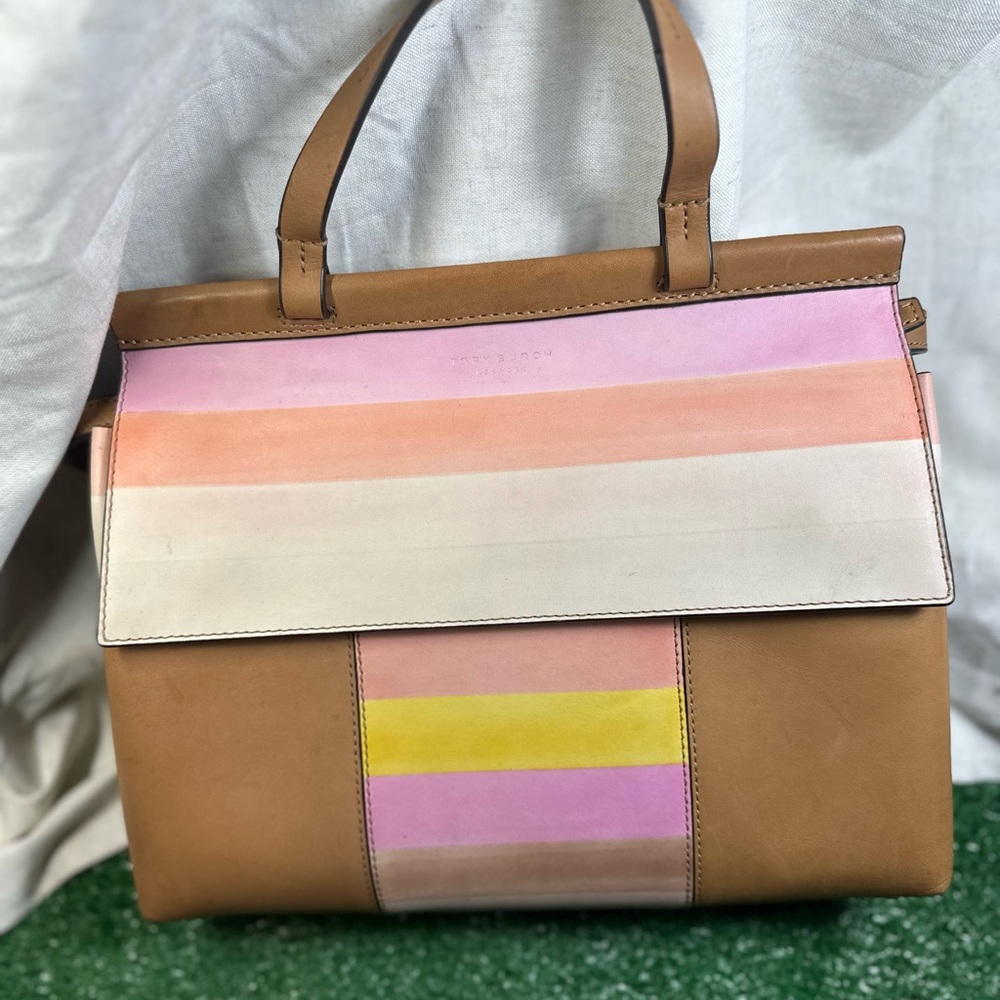 Tory Burch Pink Orange Yellow and Tan Satchel Crossbody with Color Block Design